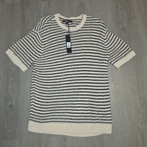 Striped Short Sleeve Knit Top in Cream and Navy